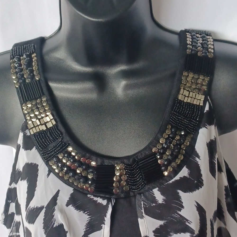 Kate & Mallory Sleeveless Blouse Layered Chiffon Top Tank, embellished, blk&wht - Picture 2 of 6